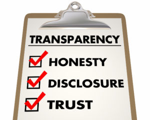 Clipboard detailing the three elements of transparent content marketing: Honesty, disclosure, and trust