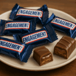 A high-resolution photo of a ceramic plate holding several mini chocolate bars, each wrapped in blue foil labeled “ENGAGEMENT” in bold white letters with a red border. Two unwrapped bars rest in the foreground, revealing layers of chocolate, caramel, and nougat. The plate sits on a wooden surface with warm, natural lighting.