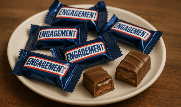 A high-resolution photo of a ceramic plate holding several mini chocolate bars, each wrapped in blue foil labeled “ENGAGEMENT” in bold white letters with a red border. Two unwrapped bars rest in the foreground, revealing layers of chocolate, caramel, and nougat. The plate sits on a wooden surface with warm, natural lighting.